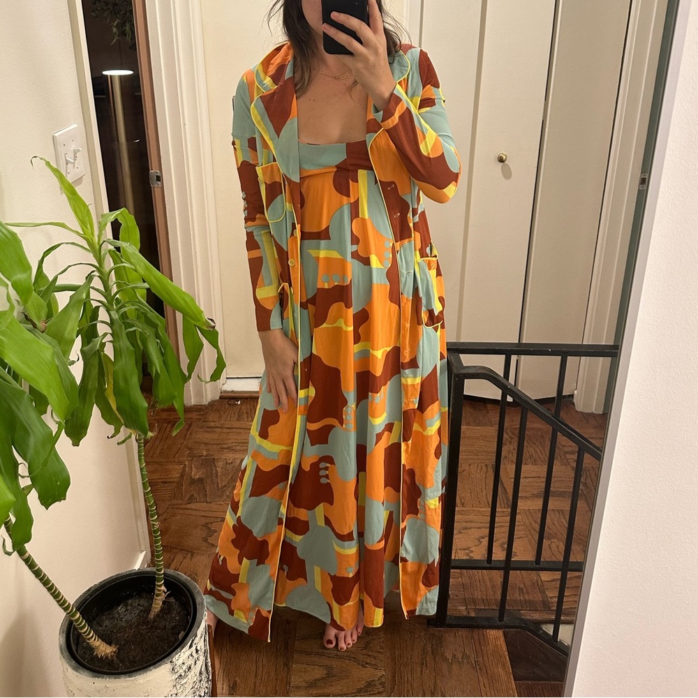 70s Abstract Pajamas Set / Maxi Dress & Cape